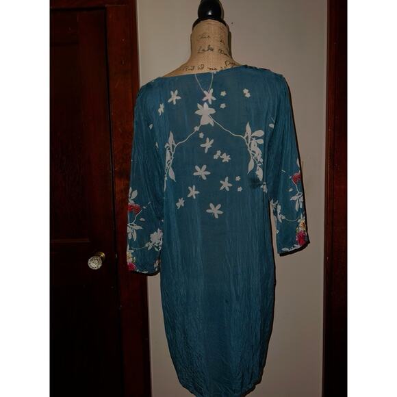 JOHNNY WAS TOP SHEER CRINKLE WATERCOLOR FLORAL TUNIC BLOUSE TEAL BLUE MEDIUM M - Picture 3 of 5
